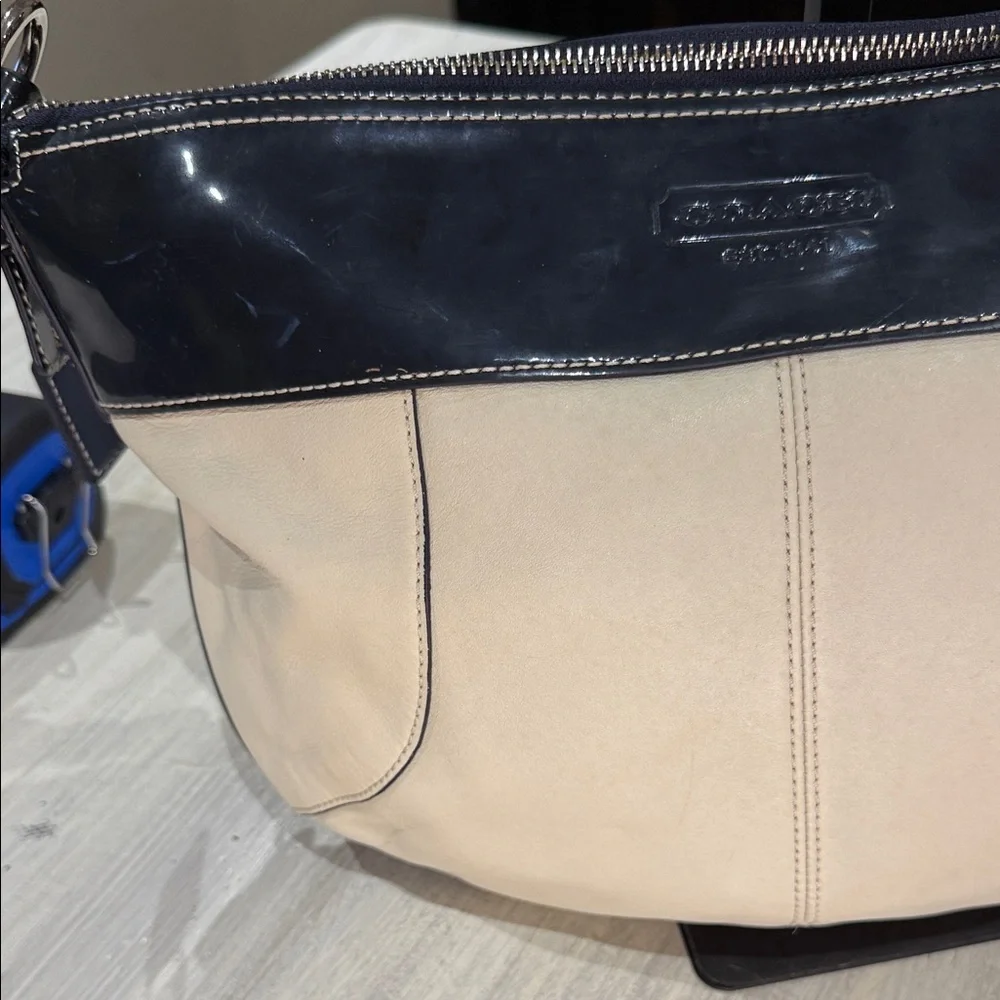 Coach Beige and Patent Dark Navy Shoulder Bag